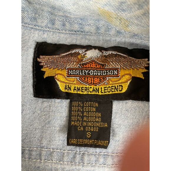 Harley Davidson Embroidered Logo Long Sleeve Button Up Denim Shirt Blue Mens S - Picture 8 of 10